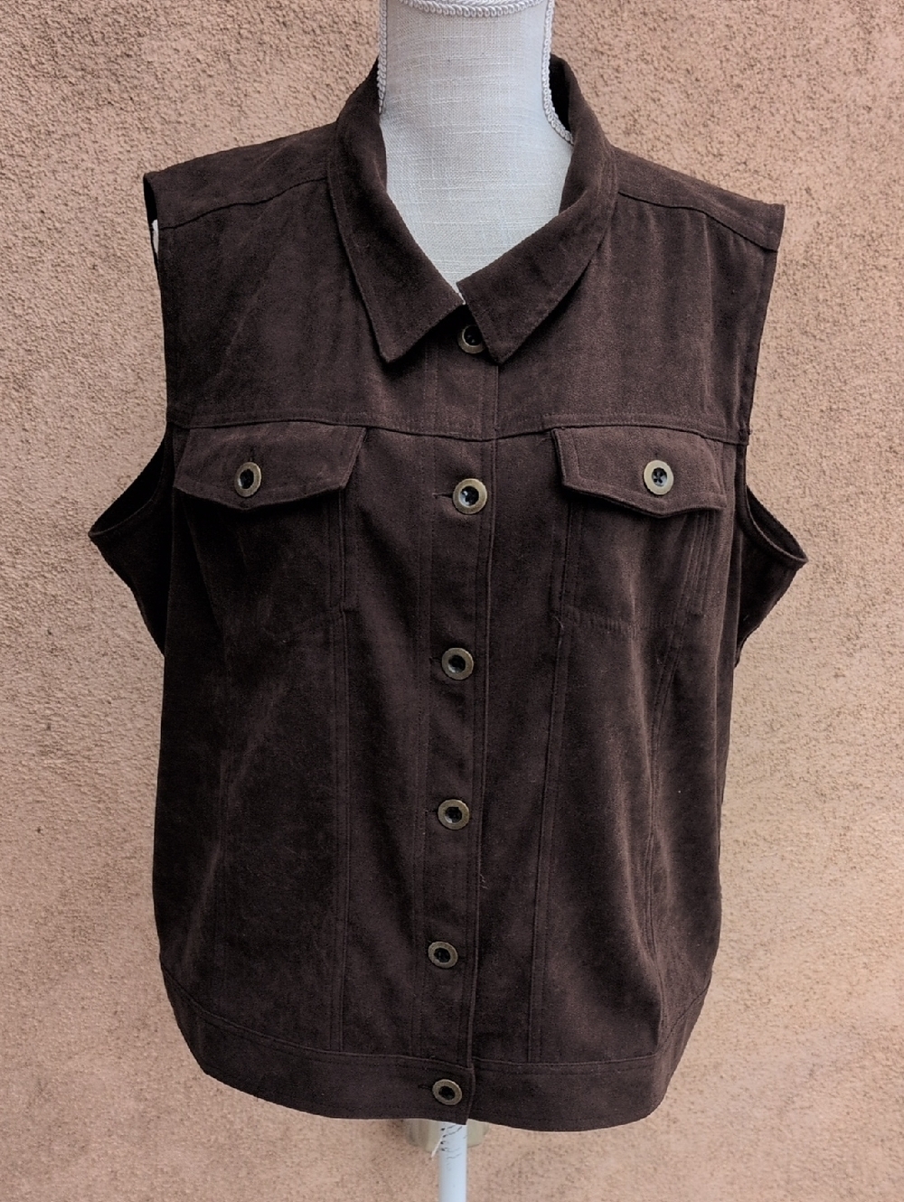 Christopher&Banks Faux Suede Chocolate Brown Button Down Vest Minimalist Preppy